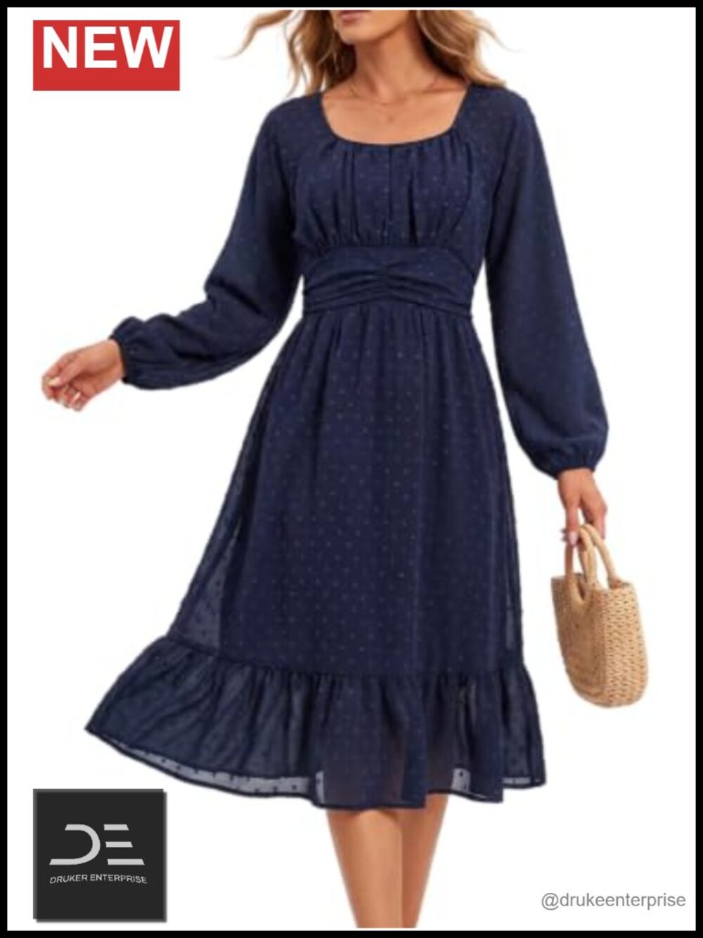 Swiss Dot Square Neck Long Sleeve A-Line Midi Dress with Pockets & Belt